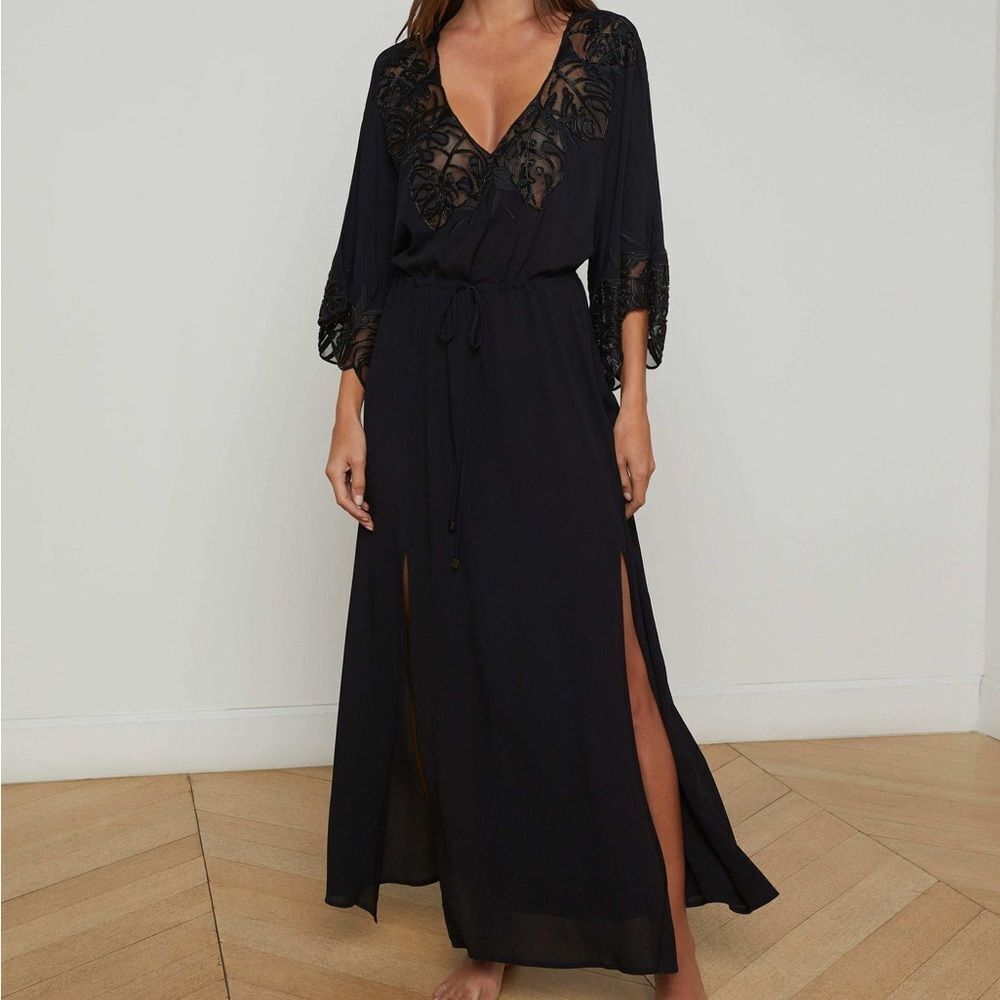 L'AGENCE Deanna Embellished Cover-Up Dress in Black Monstera